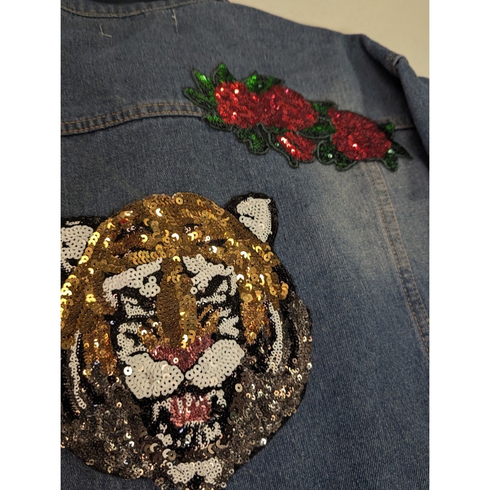 Say What? Oversized Denim Jacket XS Sequin Tiger Rose Patches Distressed Jean - Picture 14 of 16